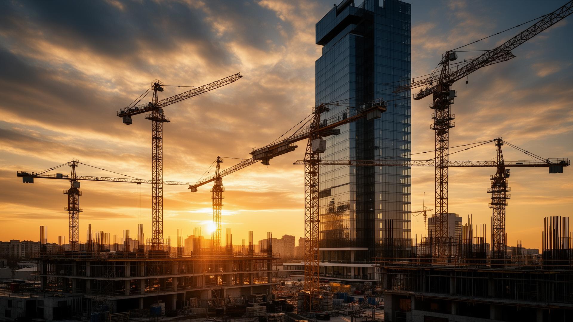 Construction site at sunset with steel framework and tower crane